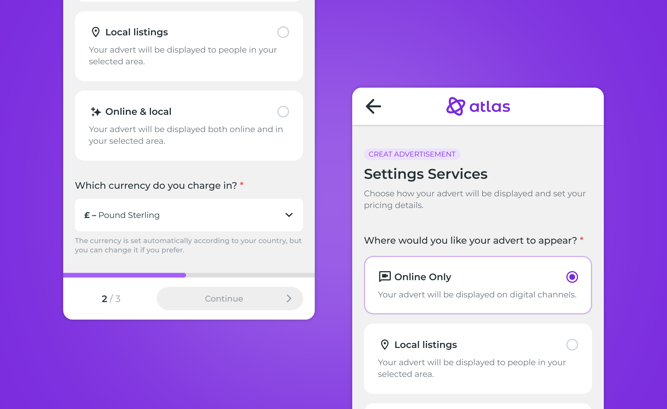 Telas Atlas para selecionar serviços, moeda e valores durante o cadastro internacional.