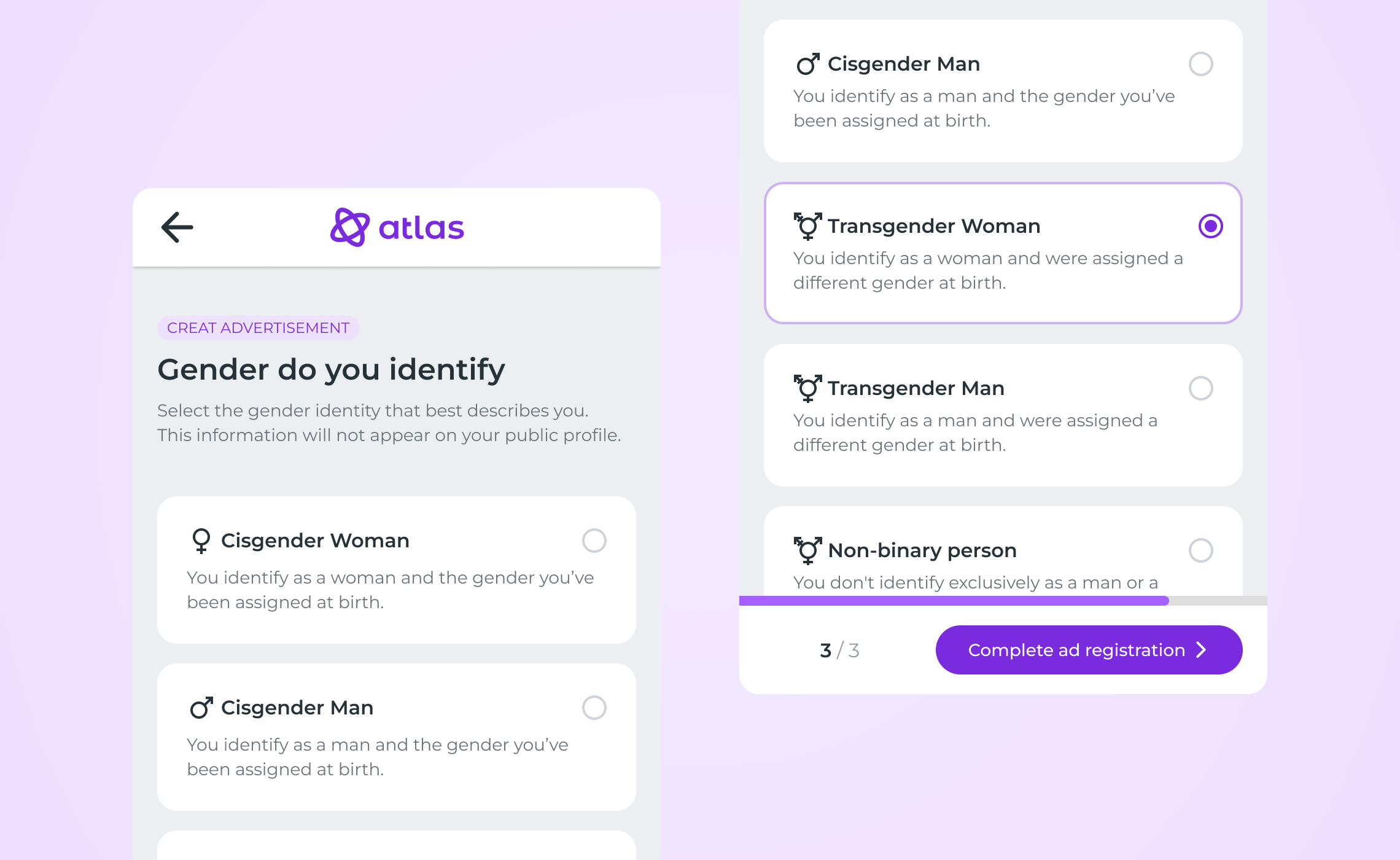 Telas Atlas para selecionar a identidade de gênero e concluir o cadastro.
