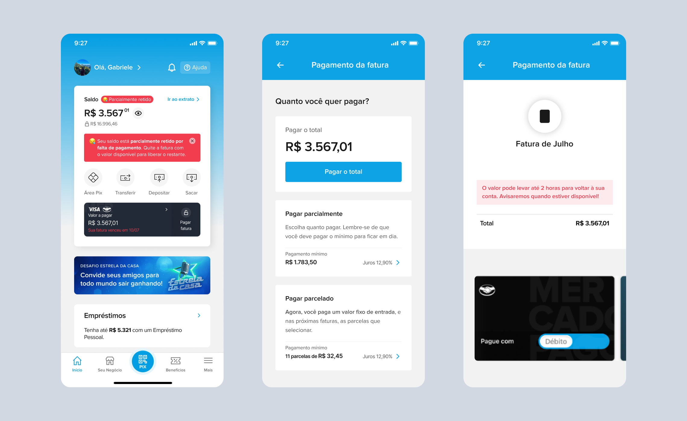 Telas do Mercado Pago com aviso de saldo retido, detalhes da retenção e orientações para regularizar o pagamento.