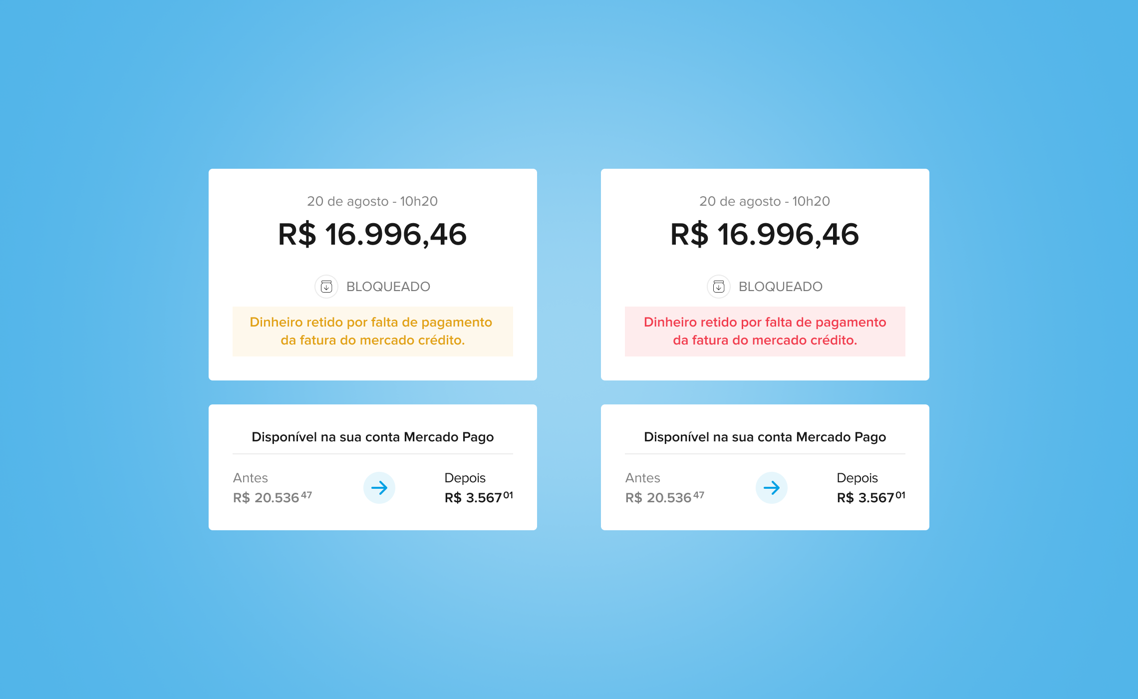 Comparação de mensagens sobre saldo disponível e saldo parcialmente retido no Mercado Pago.